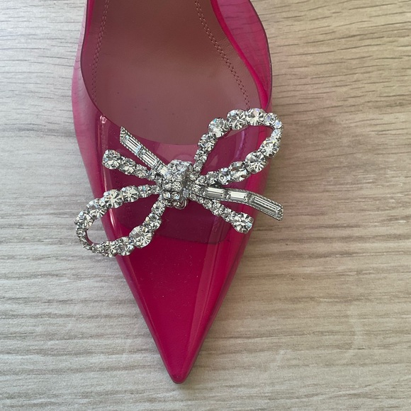 Amina Muaddi Pink Stiletto Heels with Rhinestone Bow - Picture 9 of 11